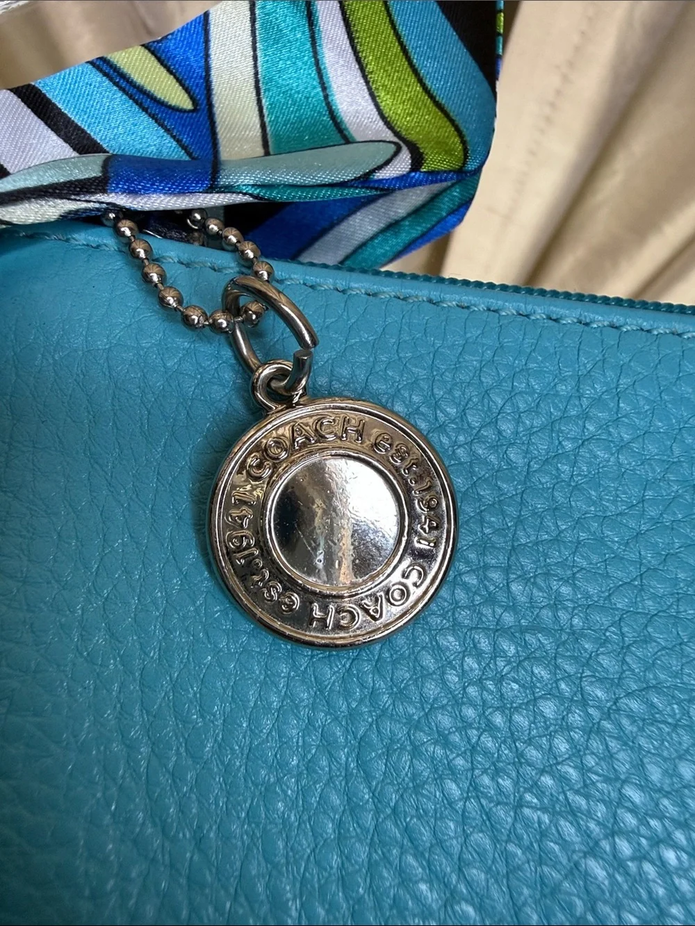 Coach Turquoise Leather Wristlet +  Scarf  + Charm, Silver Hardware